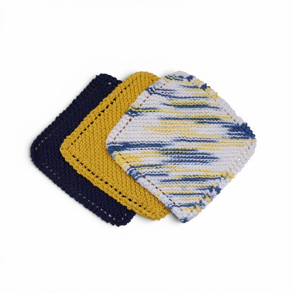 (3) Handmade Knitted Dishcloths Washcloths 100% Cotton Gold Navy Ombre